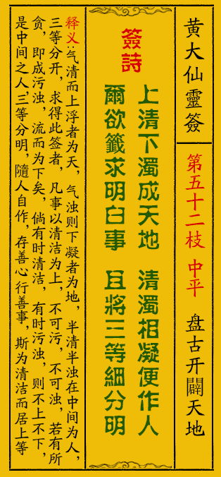 黄大仙灵签52签解签-黄大仙灵签盘古开闢天地解签