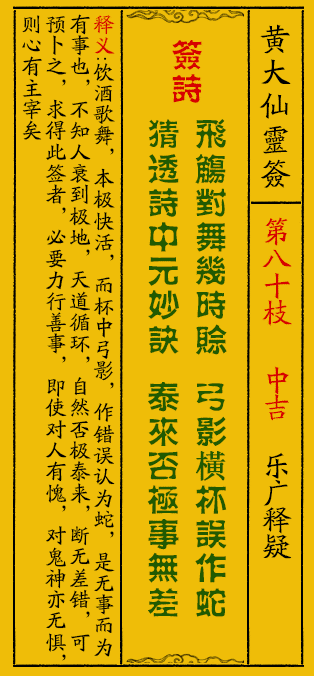 黄大仙灵签80签解签-黄大仙灵签乐广释疑解签