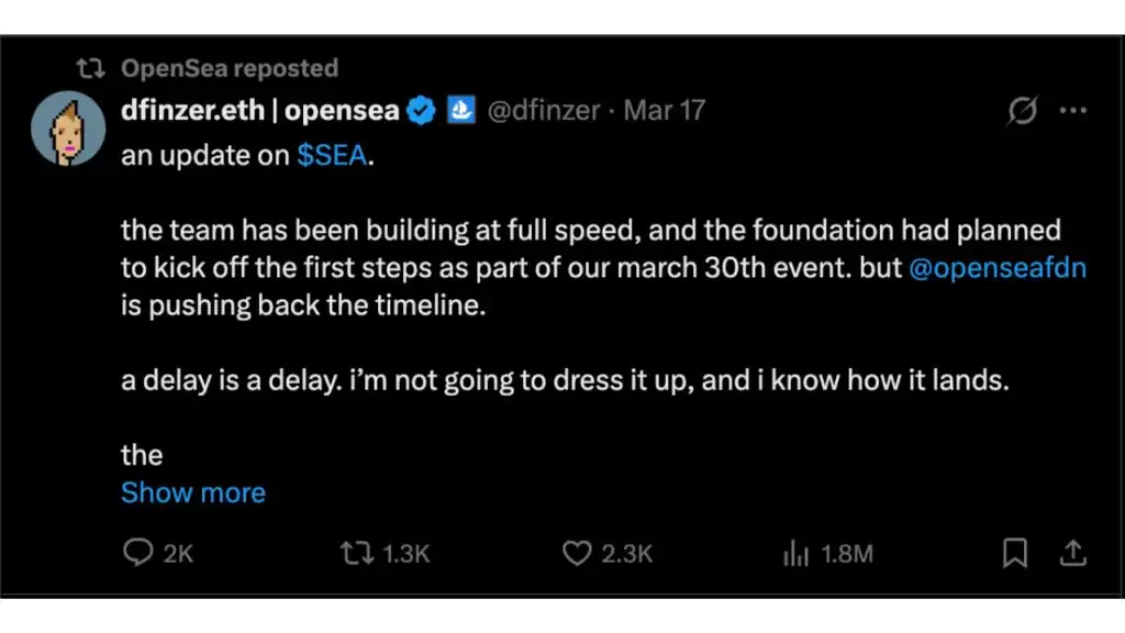 OpenSea因NFT市场疲软迫使其进行战略调整,推迟SEA代币发行