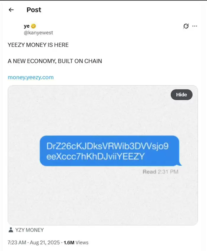 分析师：Kanye West迷因币YZY狙击wallet与2100万美元LIBRA内幕交易有关