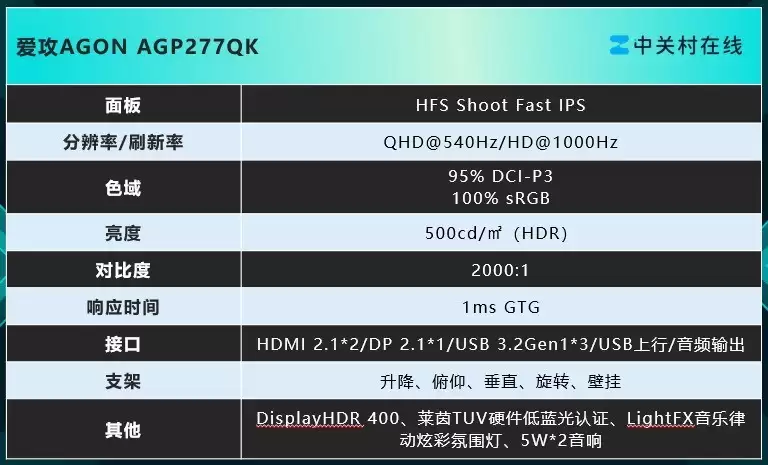 双模千帧电竞旗舰 爱攻AGON AGP277QK 显示器好价