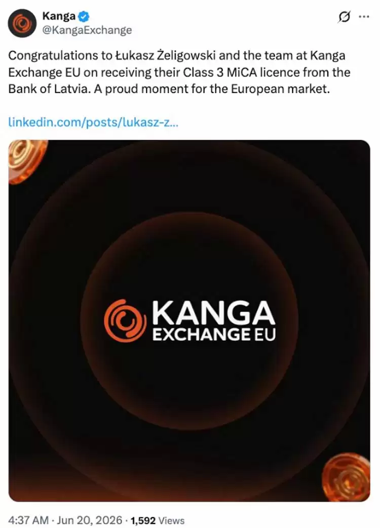 Kanga Exchange获拉脱维亚MiCA牌照