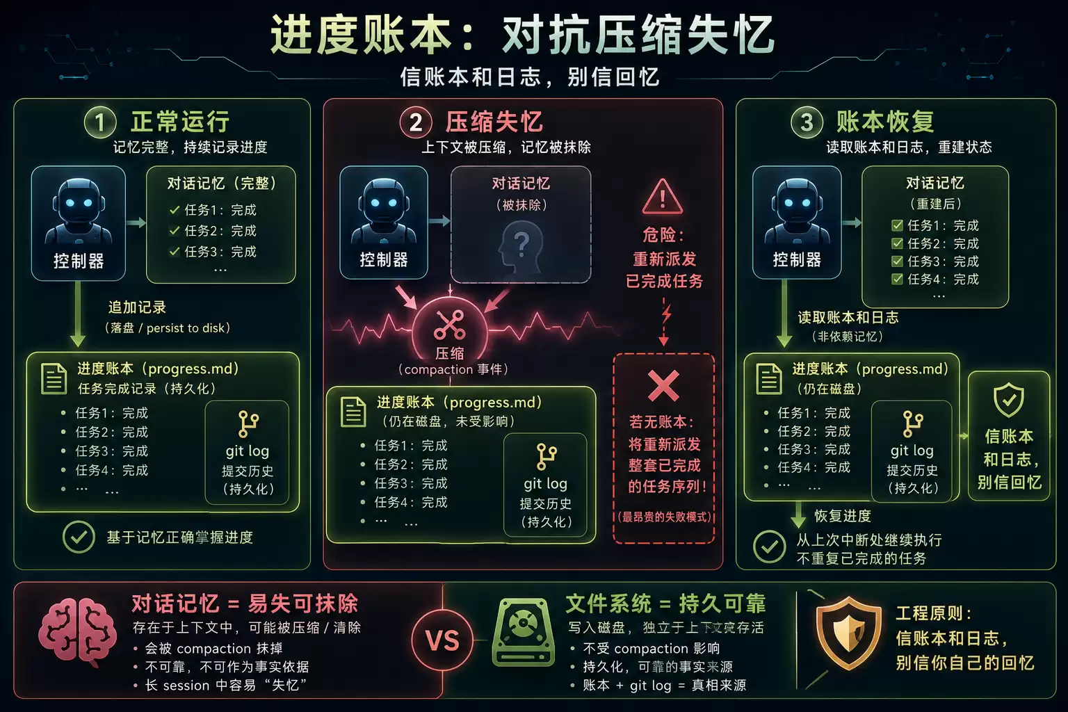 Progress Ledger 恢复机制：compaction 抹掉记忆后用文件恢复