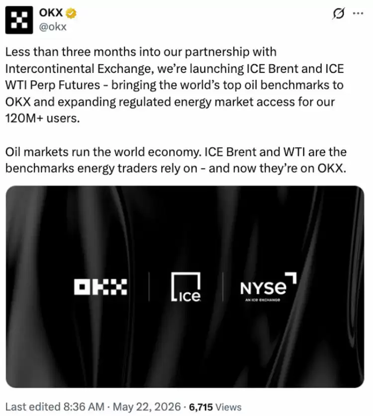 ICE与OKX推原油期货，加速融合