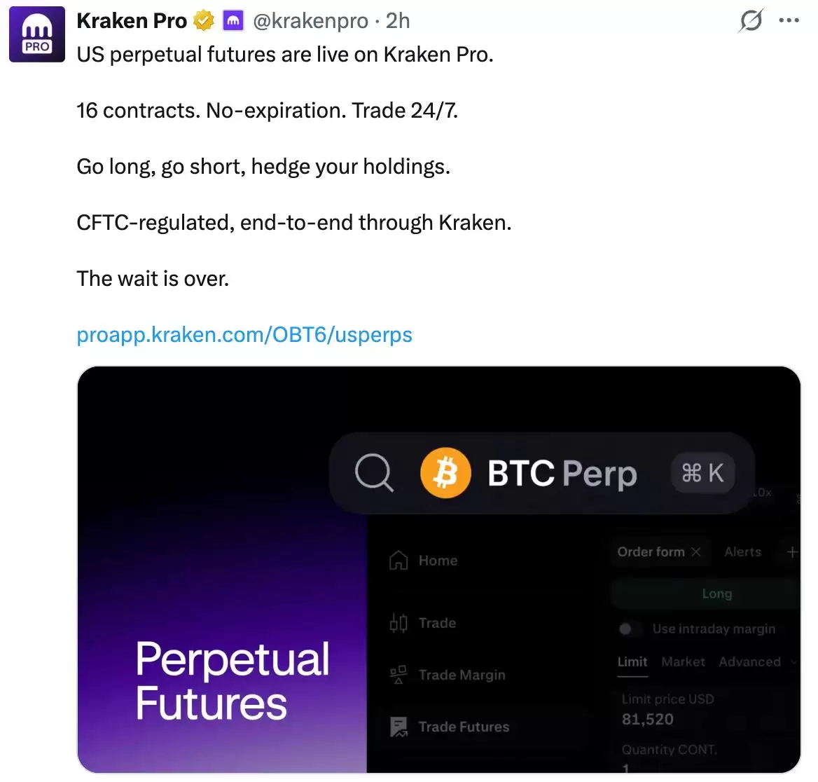 Kraken通过受CFTC监管的交易场所,向美国交易者推出永续期货