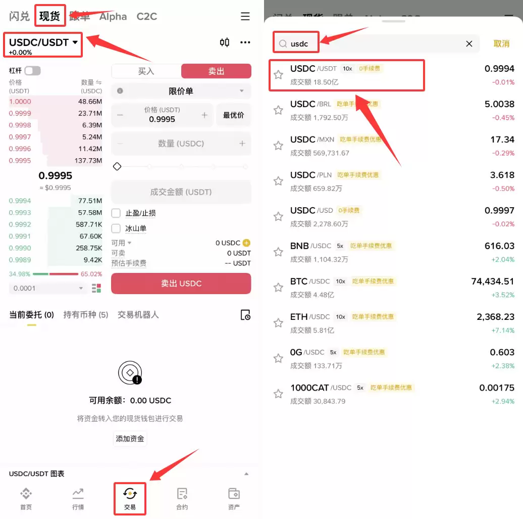 USDC怎么换成USDT?币安现货交易换币步骤2026