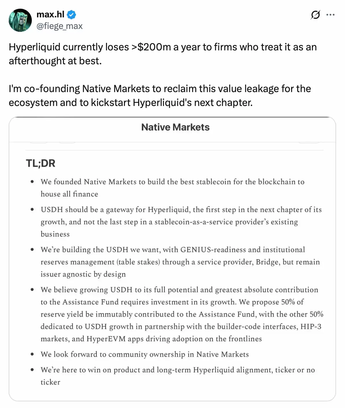一文了解Ethena退出Hyperliquid USDH稳定币竞标,为Native Markets扫清道路