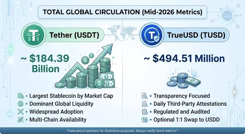 Tether (USDT) vs. TrueUSD (TUSD):2026年哪个是更好的稳定币？