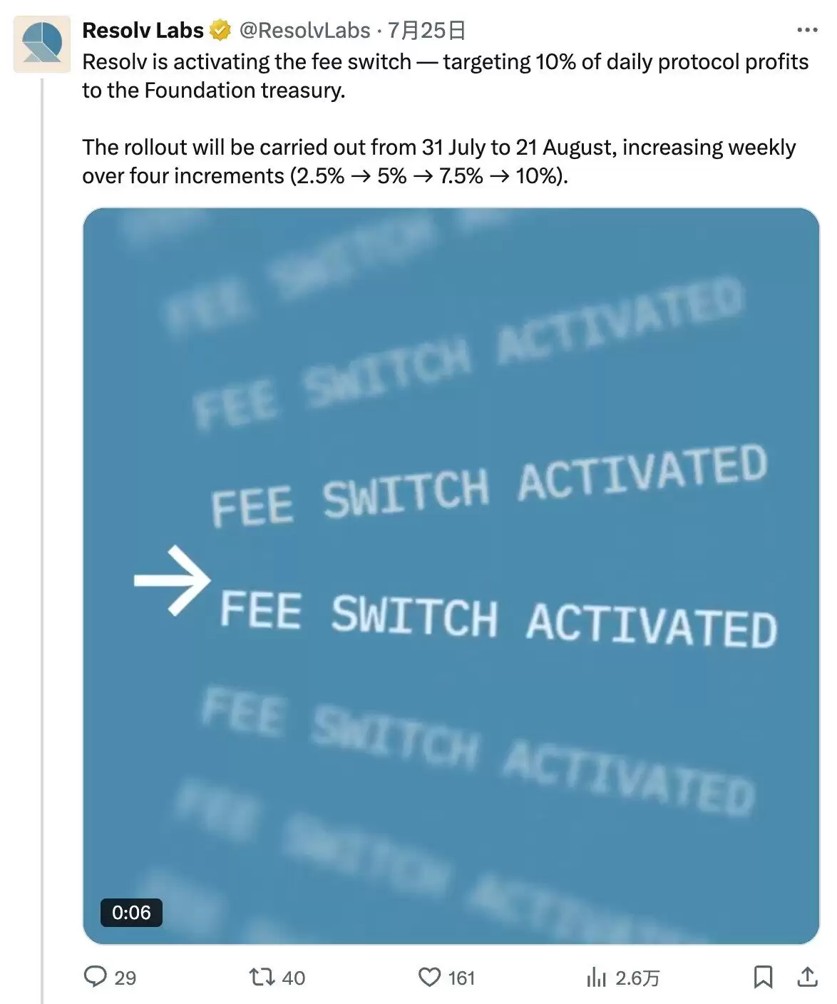 费用开关激活,新稳定币协议RESOLV会成为下一个ENA吗？