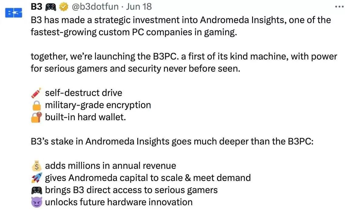 链游平台B3收购电脑新创公司Andromeda Insights！将推出加密货币游戏主机B3PC