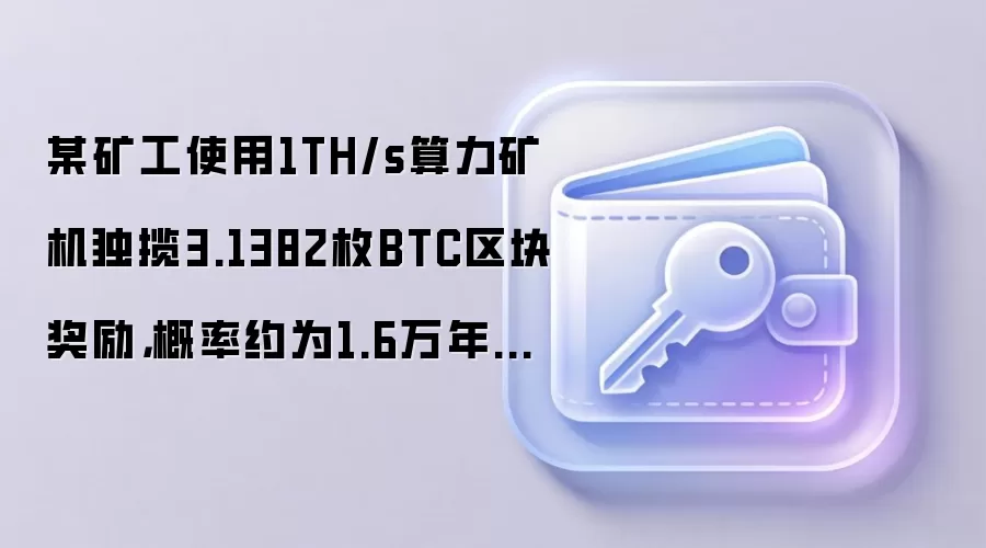某矿工使用1TH/s算力矿机独揽3.1382枚BTC区块奖励，概率约为1.6万年一次