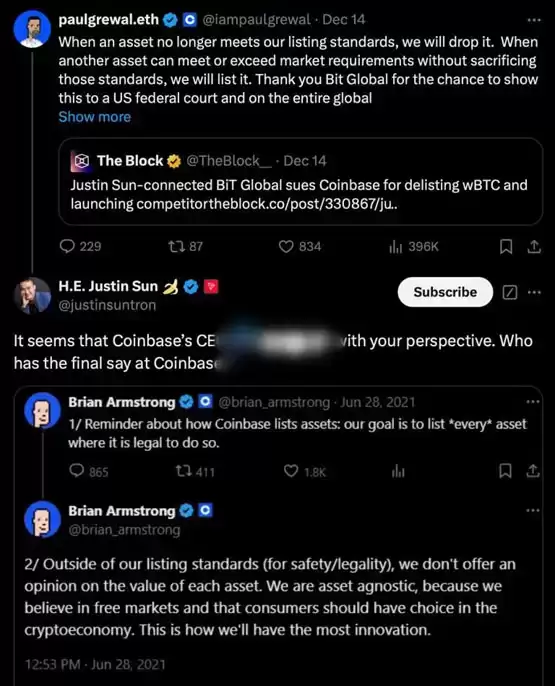Coinbase下架WBTC遭BiTGlobal起诉！孙宇晨加入战场：双标