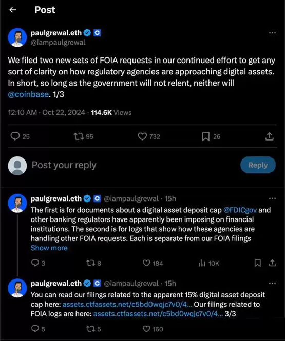 Coinbase再向FED和FDIC提交FOIA请求！要求公开银&行打压加密货币文件