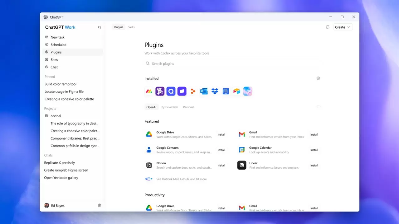 ChatGPT Windows 桌面版 Plugins 页面，左侧选中 Plugins，右侧显示已安装和 Featured 插件列表