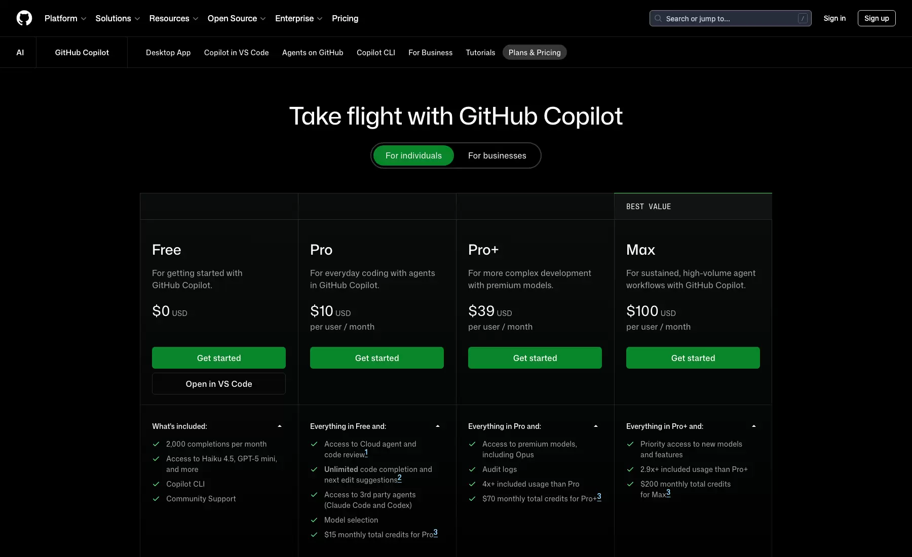 GitHub Copilot 官方方案页展示 Free、Pro、Pro+ 与 Max 的月费和主要权益