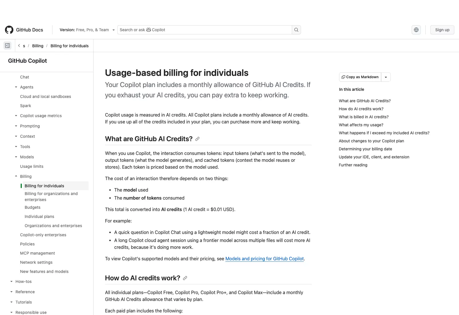 GitHub Docs 个人用量计费页面说明 Copilot 按 GitHub AI Credits 计量