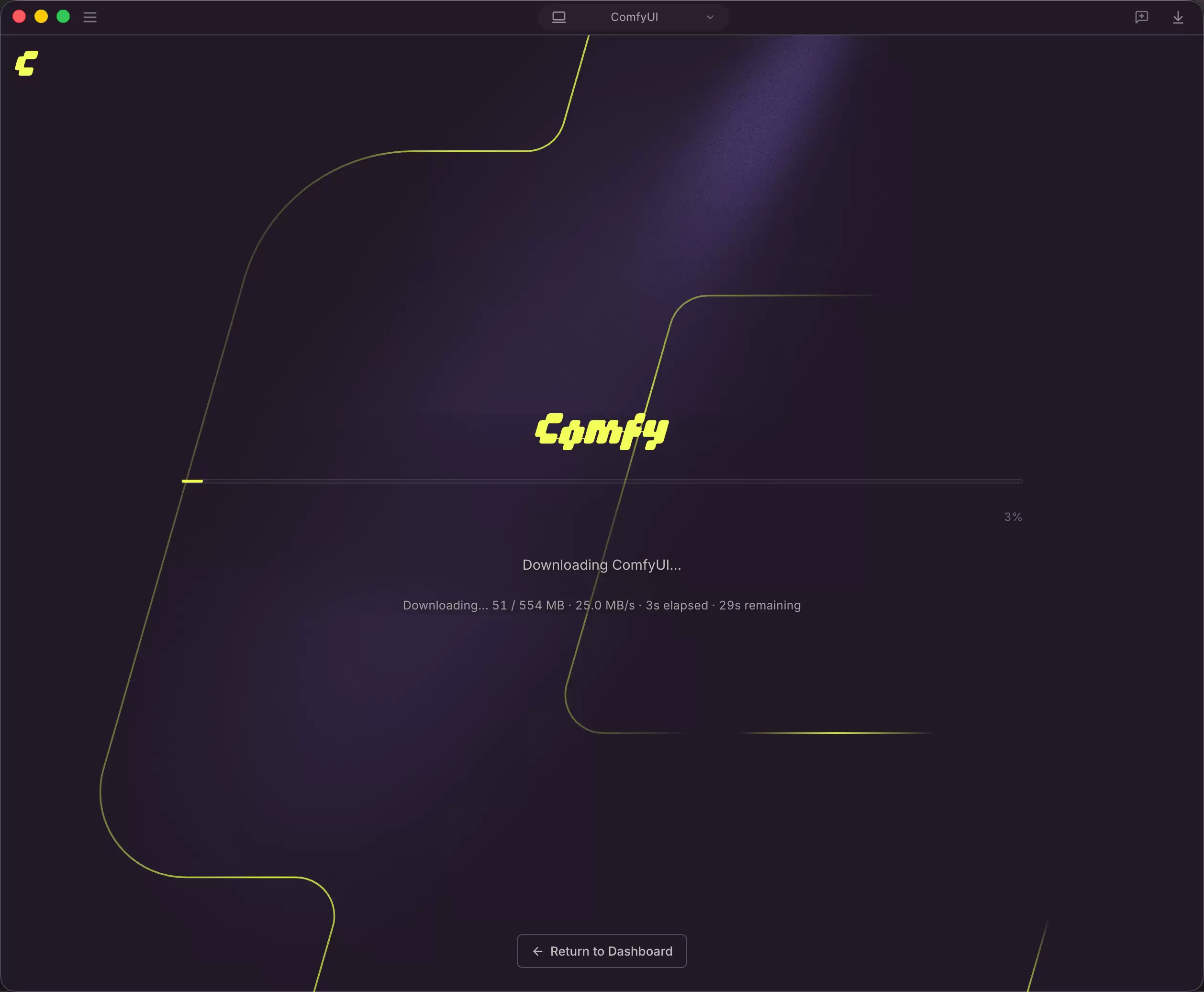 Comfy Desktop 正在下载 ComfyUI 的进度页面，显示进度条、下载量和剩余时间