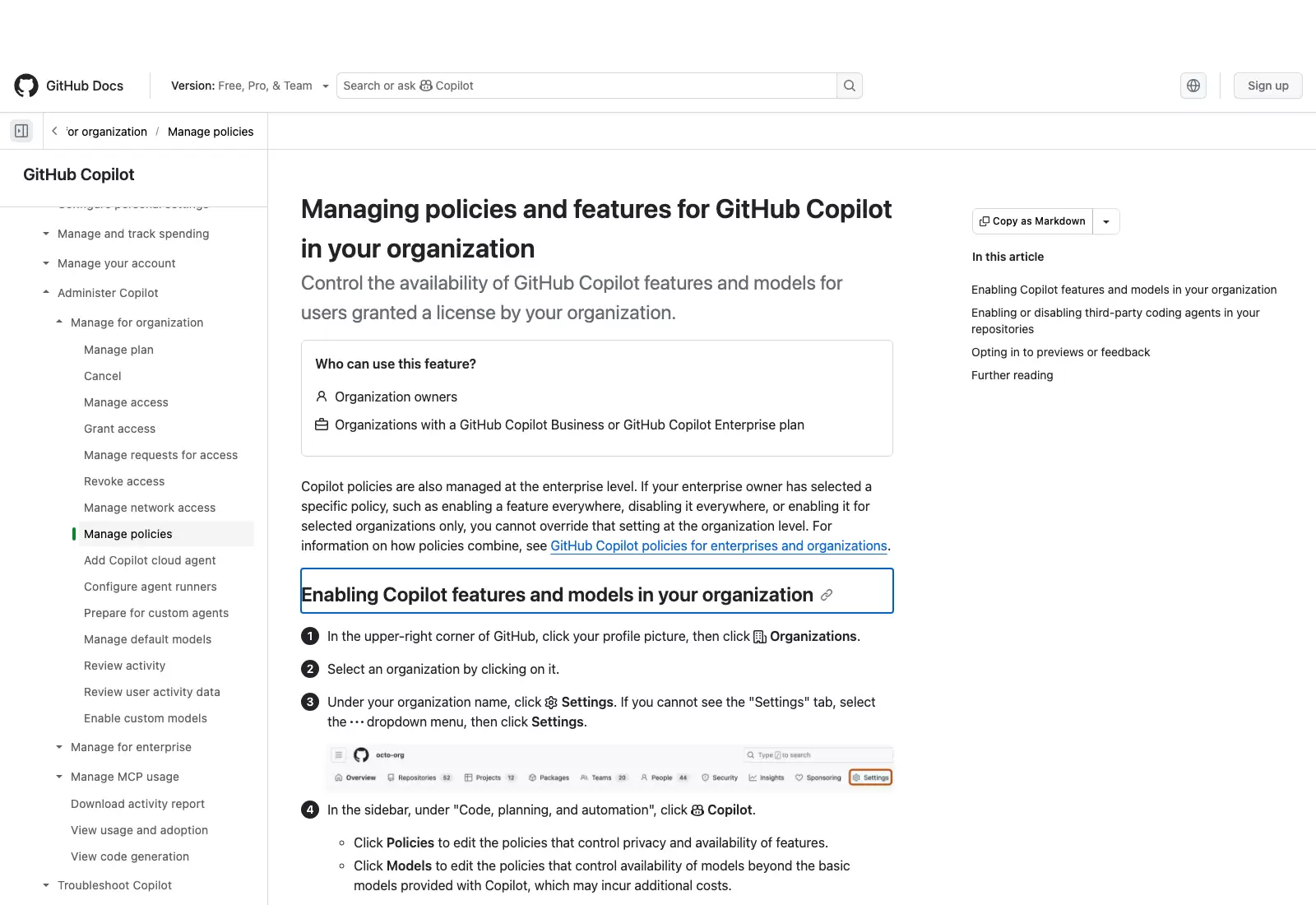 GitHub Docs 展示组织所有者进入组织设置的 Copilot Policies 与 Models 页面