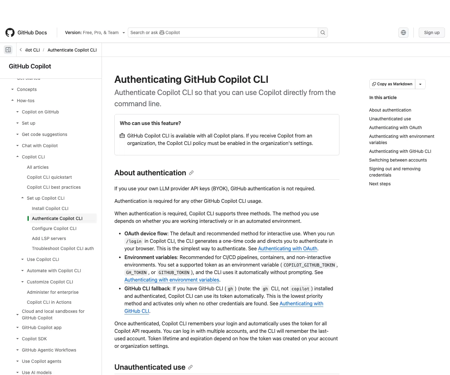 GitHub Docs 的 Copilot CLI 认证页显示 OAuth device flow 是交互使用的默认推荐方式