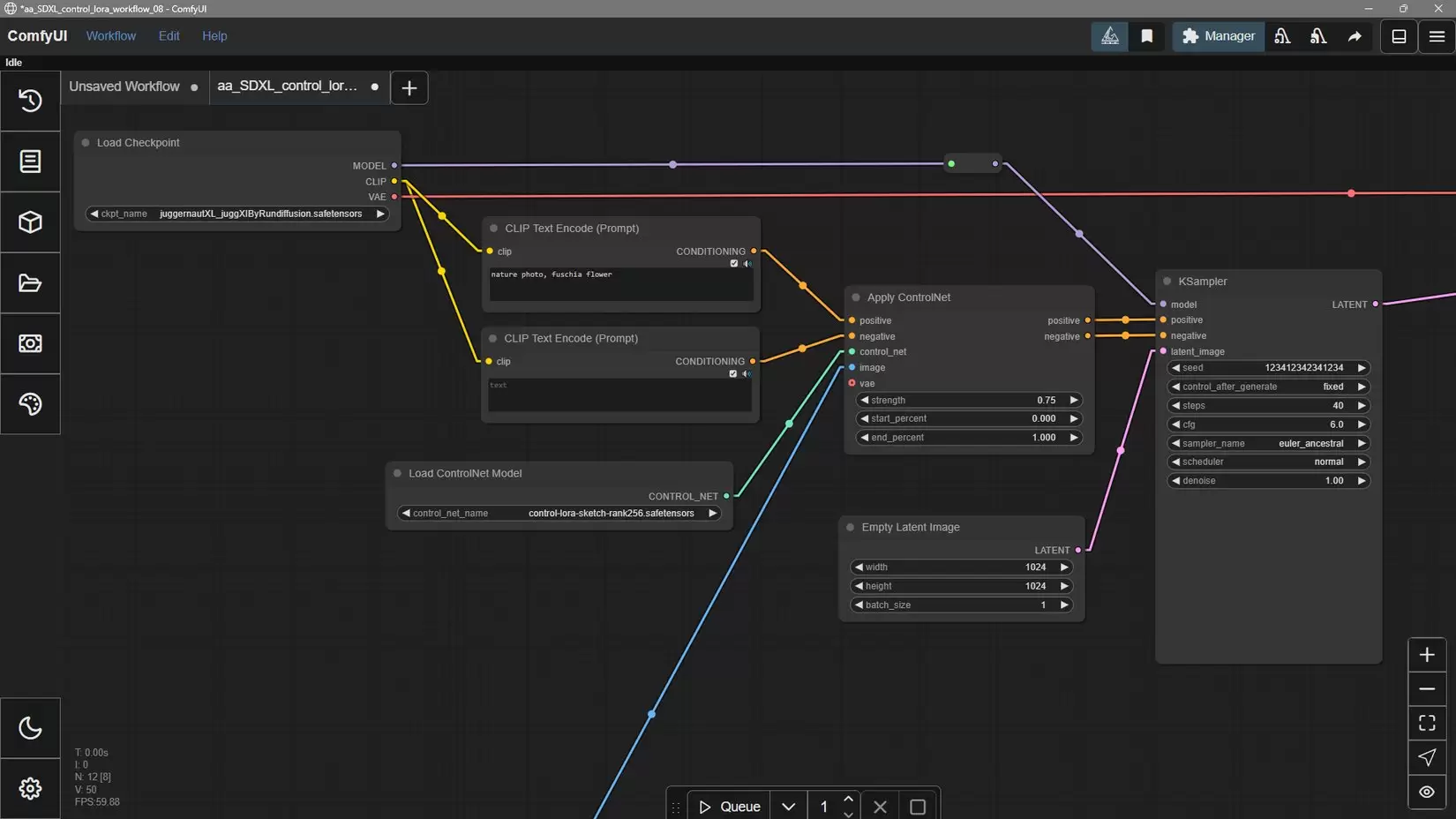 ComfyUI 工作流同时连接 checkpoint、ControlNet 和采样节点，展示基础模型与辅助模型的关系