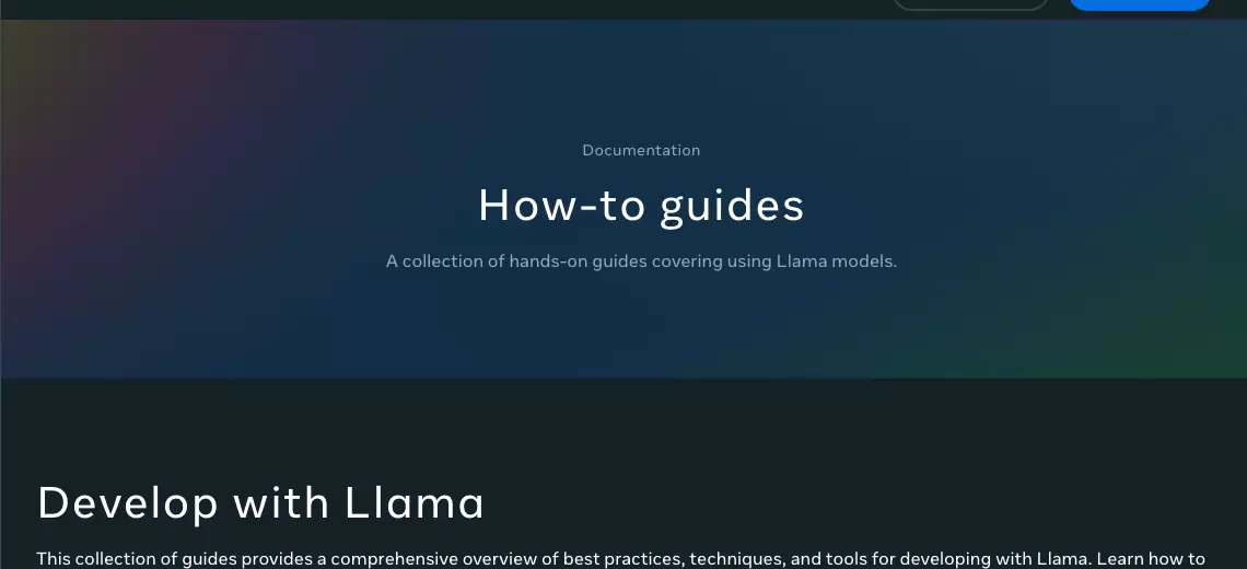Meta Llama 官方 How-to guides 页面顶部,显示 How-to guides 标题和 Develop with Llama 区域
