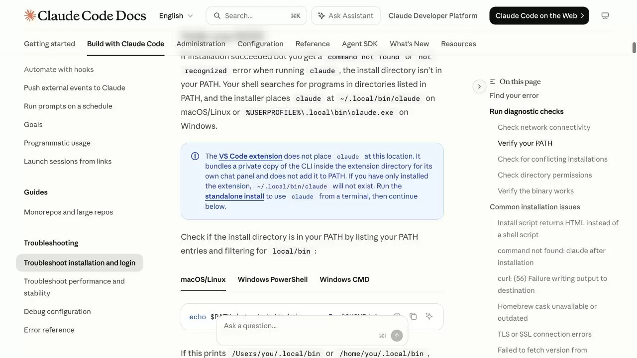 Claude Code 官方排错页说明原生二进制位于用户目录.local bin 并要求检查 PATH