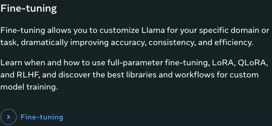 Meta Llama How-to guides 中的 Fine-tuning 卡片,列出全参数微调、LoRA、QLoRA 和 RLHF