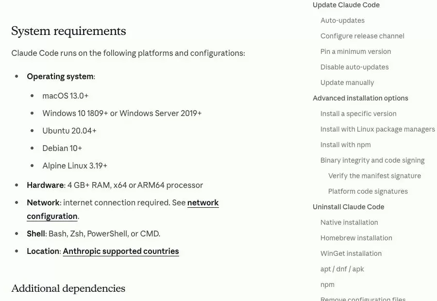Claude Code Advanced setup 的系统要求区域，显示 Windows 版本、4 GB 内存、处理器、网络和终端要求