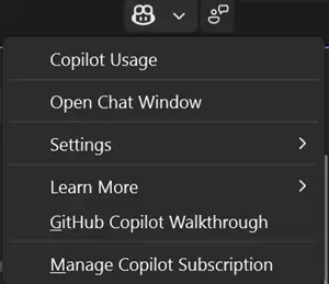 Visual Studio 的 Copilot 状态菜单显示 Copilot Usage、Open Chat Window、Settings 和 Manage Copilot Subscription