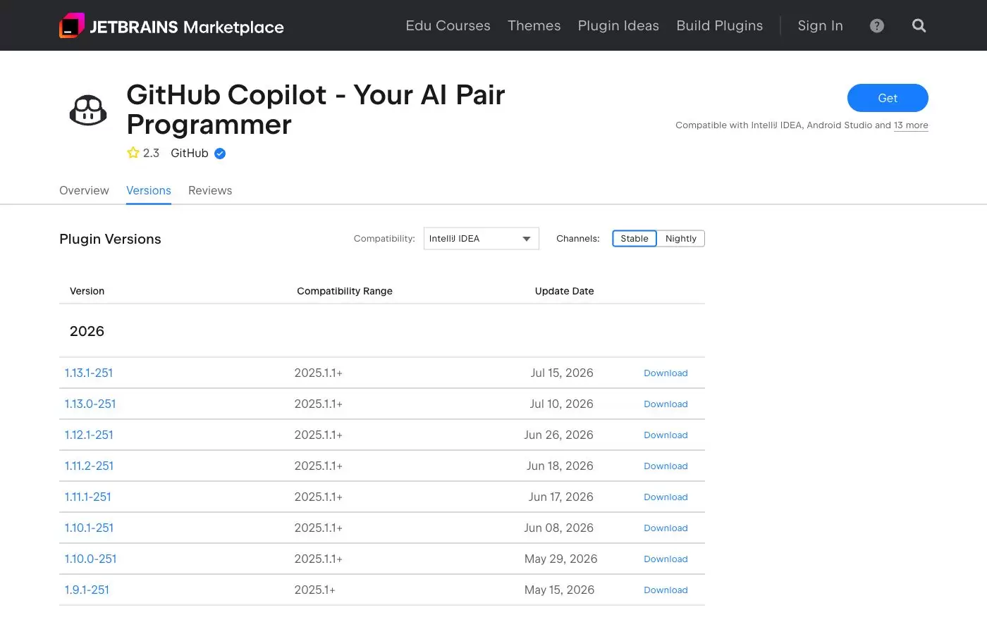 JetBrains Marketplace 的 GitHub Copilot Versions 页面显示稳定通道、版本号和 IntelliJ IDEA 兼容范围