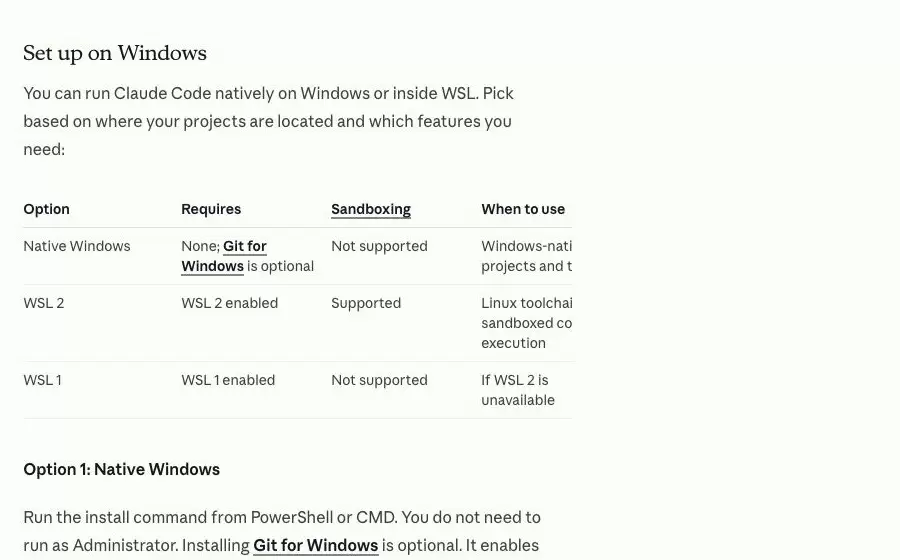 Claude Code Advanced setup 的 Windows 设置表，比较 Native Windows、WSL 2 和 WSL 1 的依赖、沙箱与用途