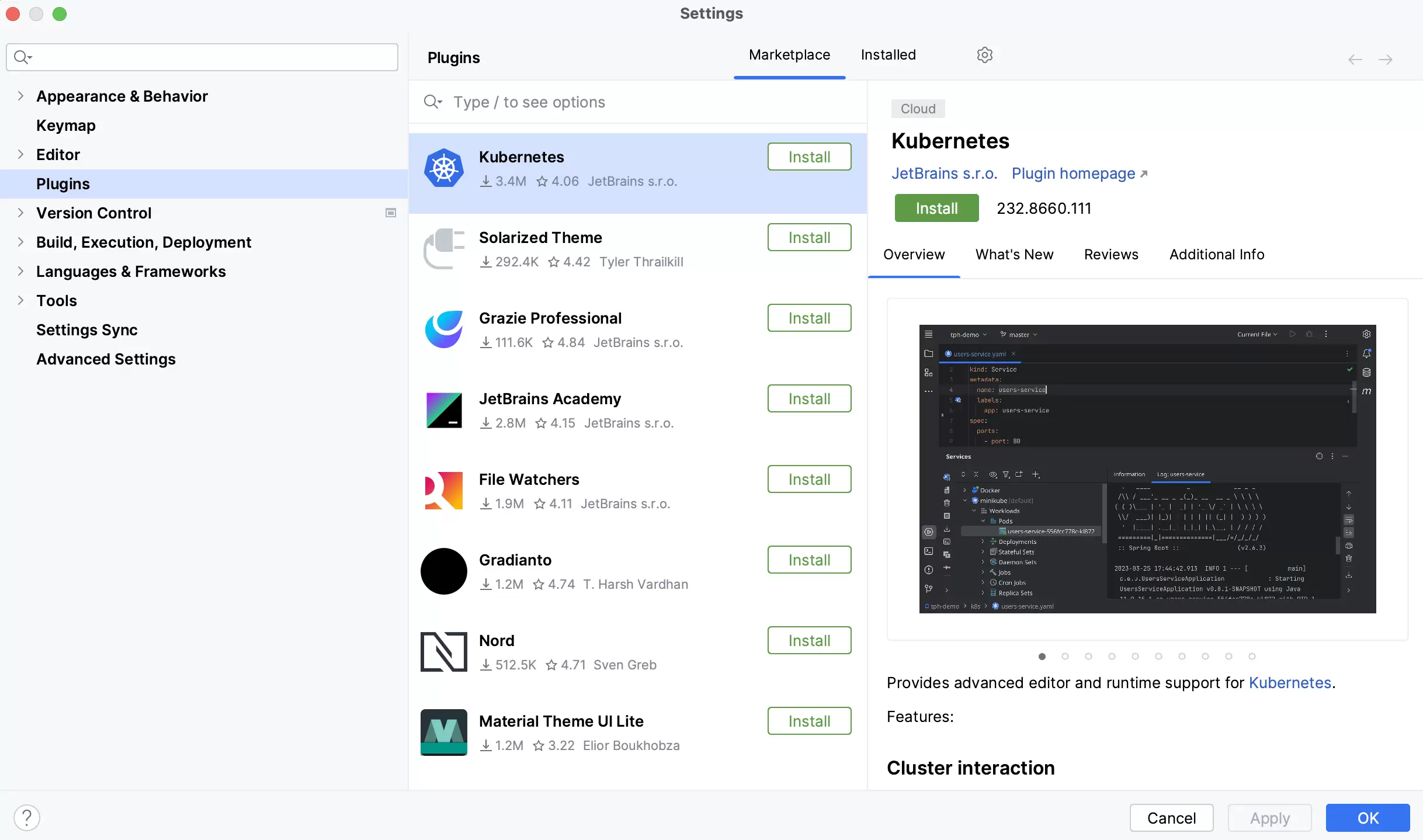 IntelliJ IDEA 的 Settings 页面已选择 Plugins，Marketplace 标签和 Install 按钮清晰可见