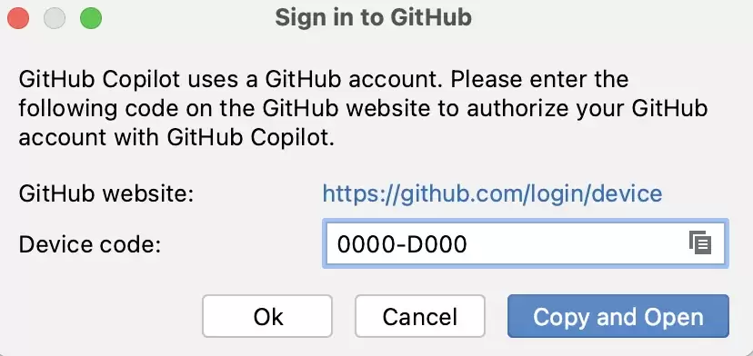 JetBrains IDE 的 Sign in to GitHub 对话框显示设备码和 Copy and Open 按钮