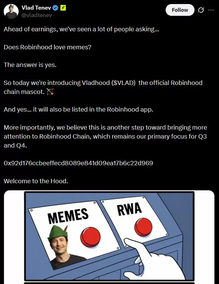 Robinhood CEO Vlad Tenev账号被黑！黑客推广Meme币VLAD窃取约650枚以太坊