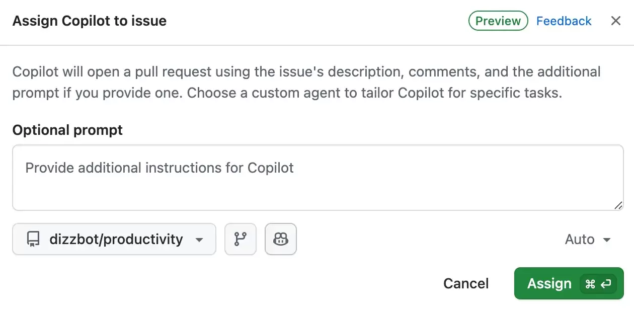 Assign Copilot to issue 对话框显示补充提示、目标仓库、起始分支和 Assign 按钮