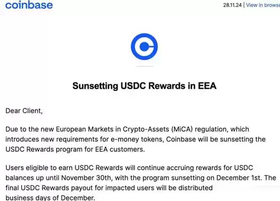 Coinbase退出土耳其！受MiCA影响停用欧洲用户USDC收益服务