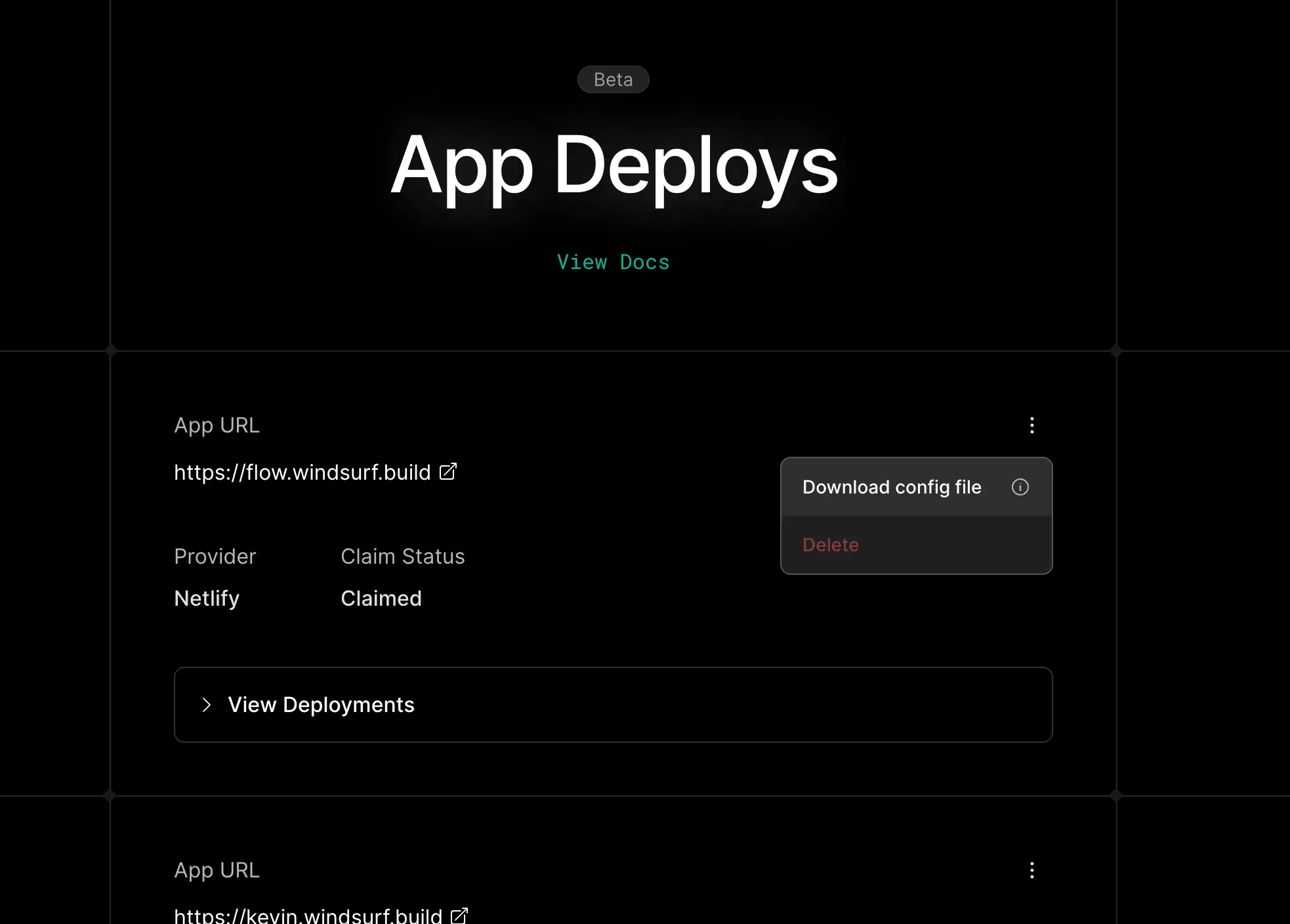 App Deploys 历史记录菜单中的 Download config file 选项