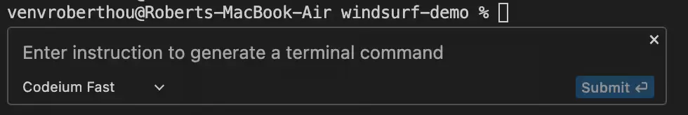 Windsurf 终端的自然语言命令生成输入框，显示命令模型和 Submit 按钮