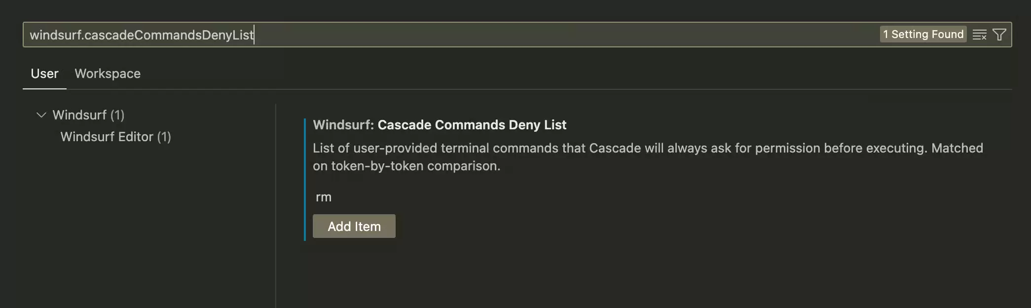 Windsurf 设置中的 Cascade Commands Deny List，显示 rm 条目和 Add Item 按钮