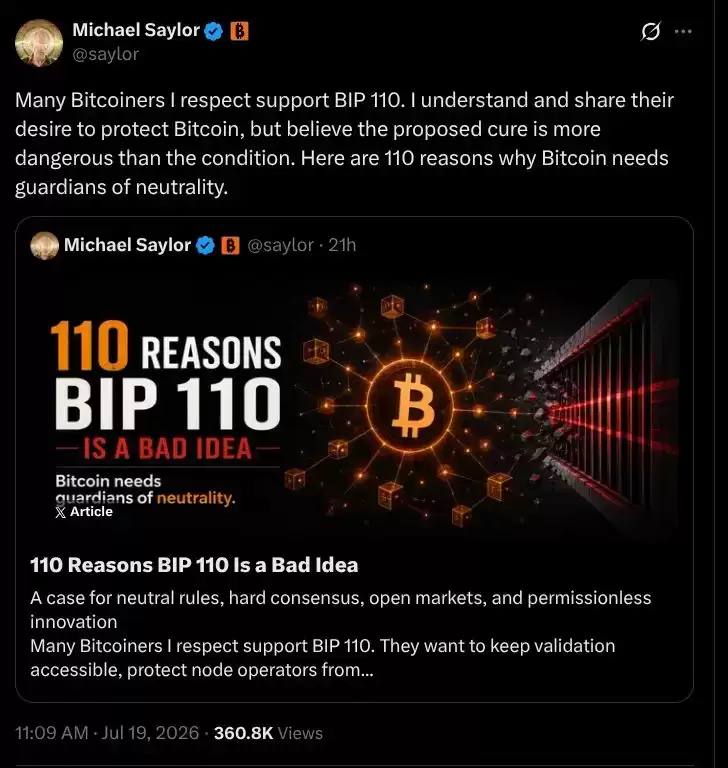 迈克尔塞勒列出110条理由,反对BIP-110比特币改进提案
