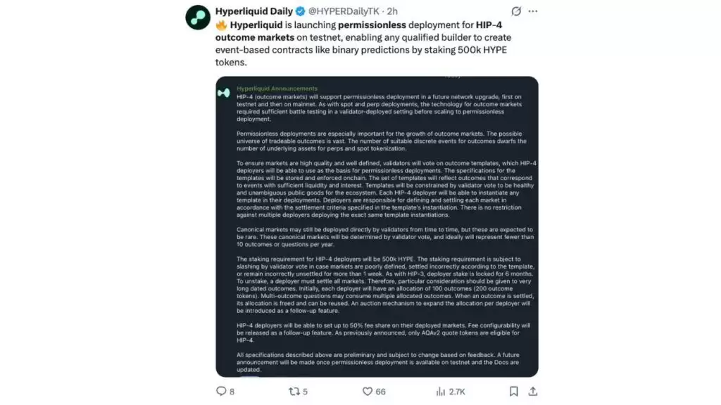 Hyperliquid HIP-4 升级:上线无需许可结果市场,加码预测市场赛道