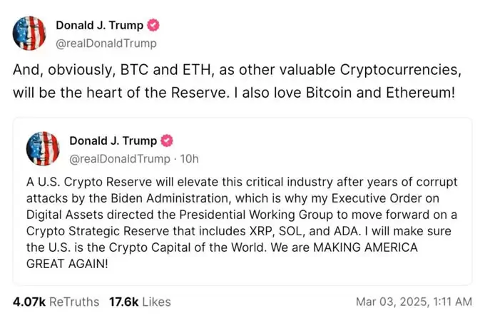 特朗 普点燃市场!比特币攀高9.5万、以太坊突破2400美元 XRP、SOL和ADA涨幅惊人