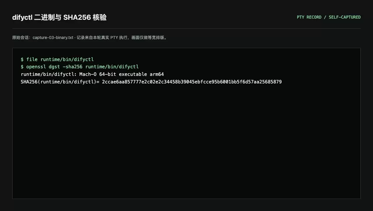 file 与 openssl 命令确认 difyctl 为 arm64 Mach-O 二进制并输出 SHA256