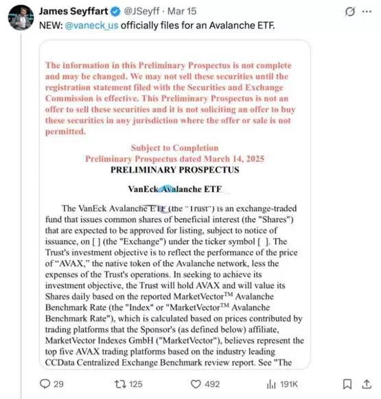 ETF发行机构VanEck向SEC提交A valanche ETF申请书！A VAX一度冲破19美元