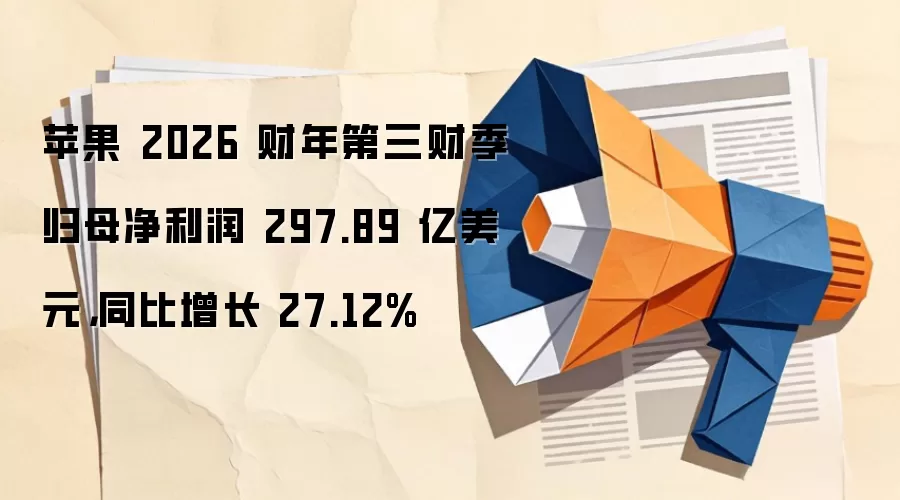 苹果 2026 财年第三财季归母净利润 297.89 亿美元，同比增长 27.12%