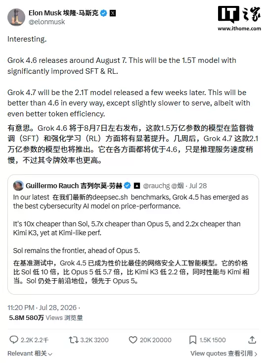 马斯克：Grok 4.6将于8月7日发布，几周后推出2.1万亿参数Grok 4.7