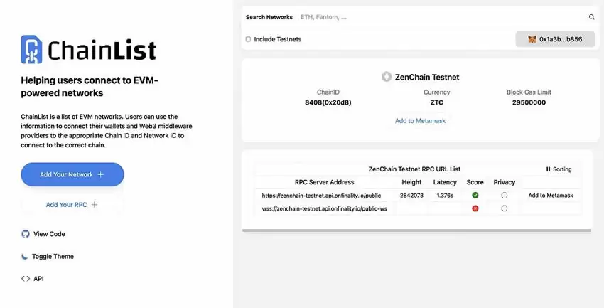如何在MetaMaskwallet中添加ZenChain？