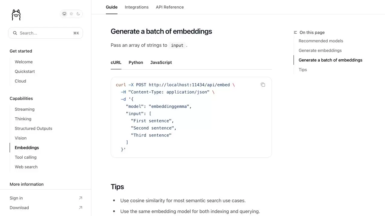 Ollama 官方 Embeddings 页面显示字符串数组批量生成向量的 curl 示例