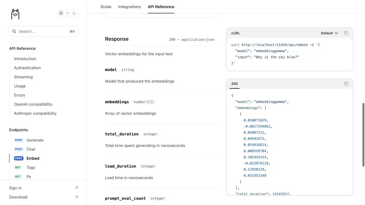 Ollama 官方 Embed API 页面显示 embeddings 二维数组与响应统计字段