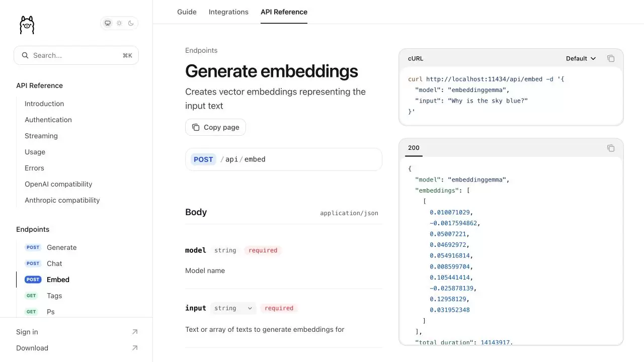 Ollama 官方 Embed API 页面显示 POST api embed、model 和 input 必填字段